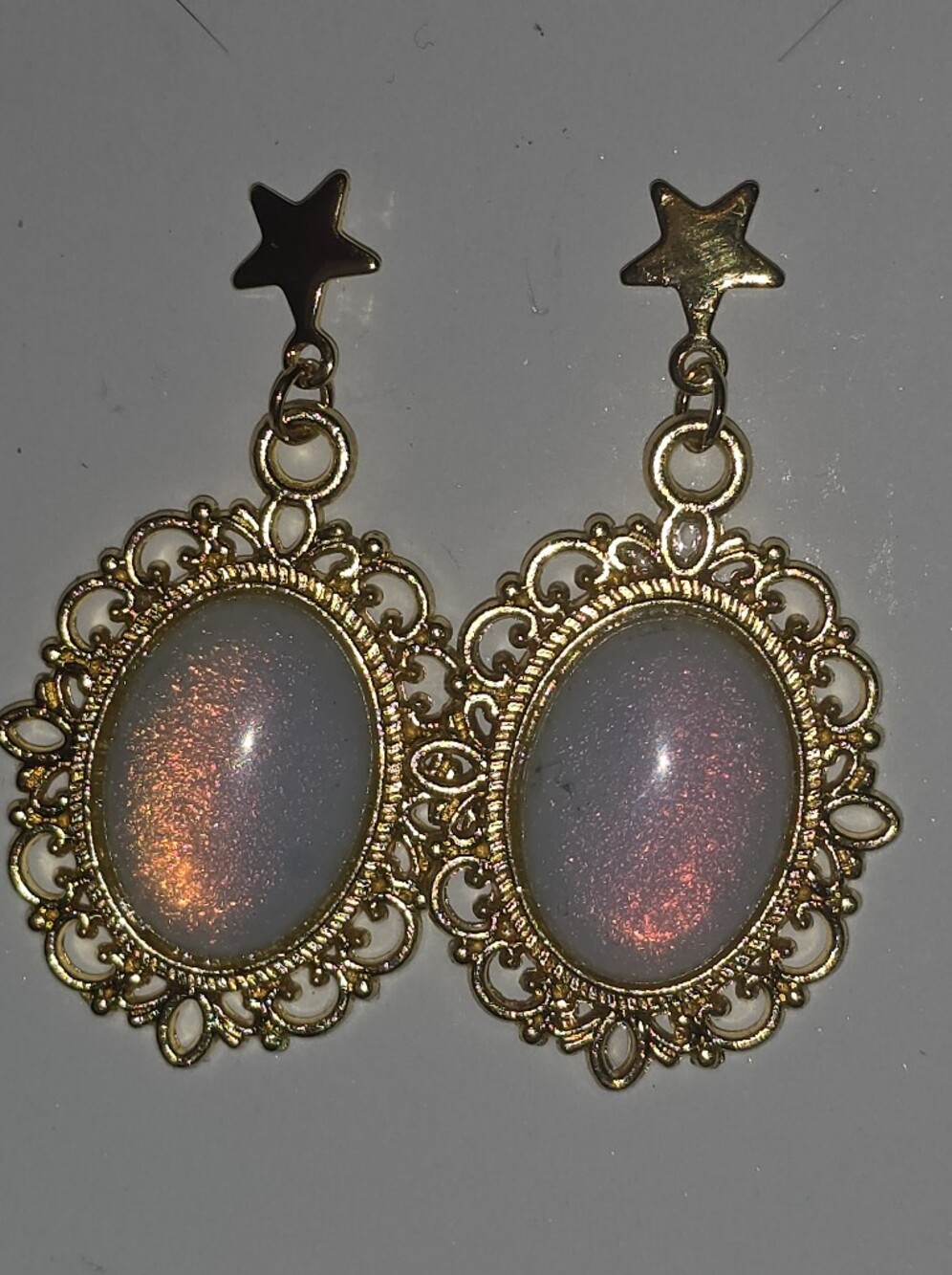 Moonstone Earrings In Gold Tone Frames With Stainless Steel Star Prong Studs